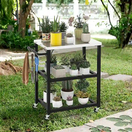 Carrello per barbecue da esterno a 3 ripiani con piano in acciaio inox e ruote
