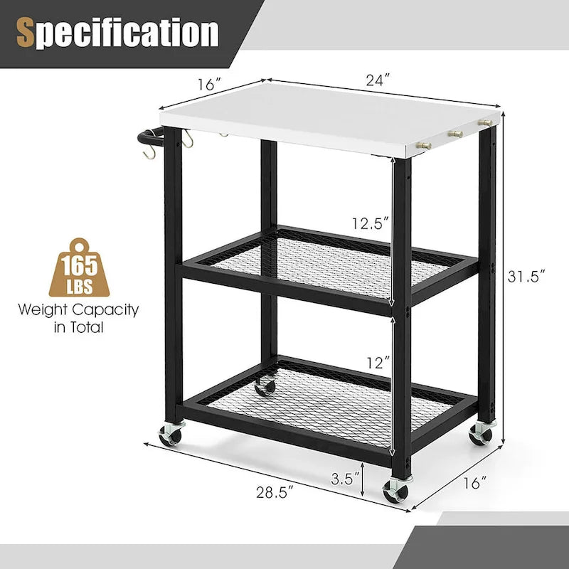 Carrito para parrilla exterior de 3 niveles con encimera de acero inoxidable y ruedas