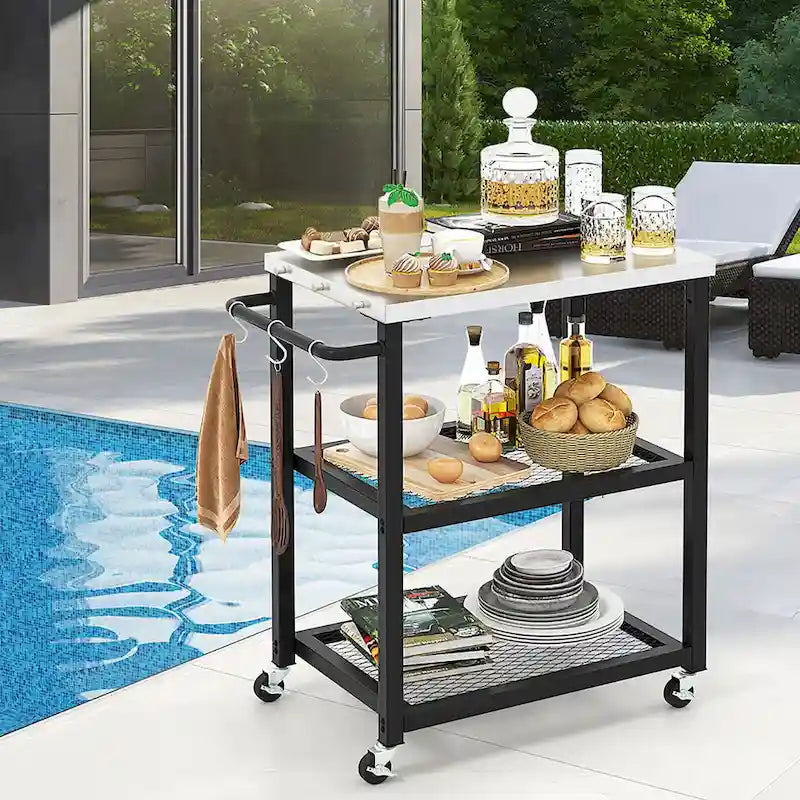 Carrito para parrilla exterior de 3 niveles con encimera de acero inoxidable y ruedas
