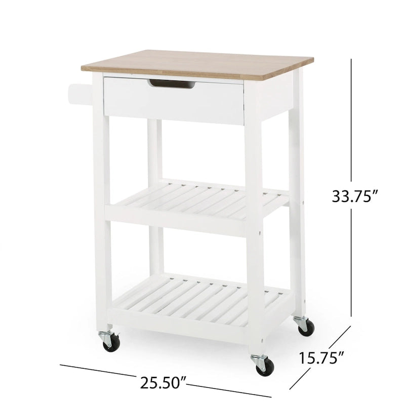 Kitchen Island Cart with Rubberwood Top, Open Shelving, Drawer & Towel Holder