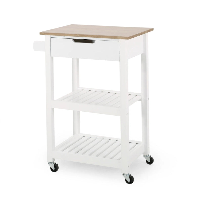 Kitchen Island Cart with Rubberwood Top, Open Shelving, Drawer & Towel Holder