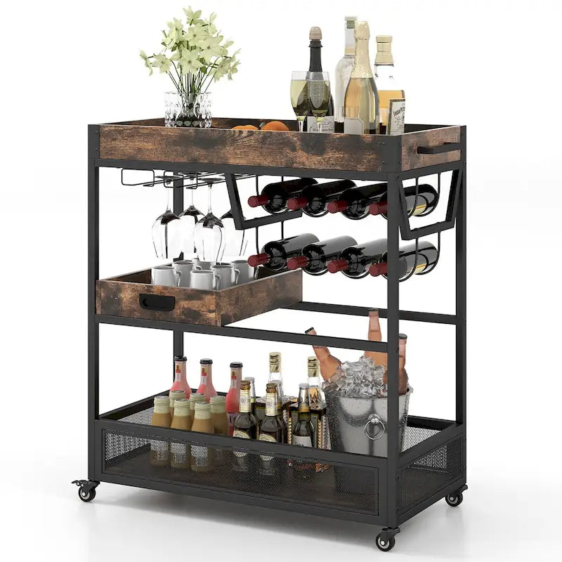 3-stufiger rollbarer Barwagen mit Weinregal, Glashalter und herausnehmbarem Tablett – Rustikales Braun