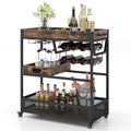 3-stufiger rollbarer Barwagen mit Weinregal, Glashalter und herausnehmbarem Tablett – Rustikales Braun