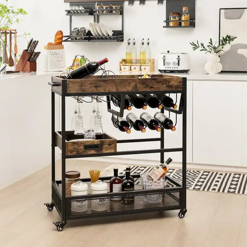 Carrello bar su ruote a 3 livelli con portabottiglie, portabicchieri da stelo e vassoio rimovibile - marrone rustico