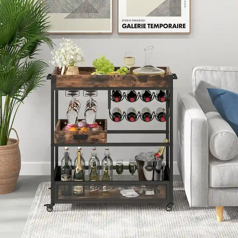 3-stufiger rollbarer Barwagen mit Weinregal, Glashalter und herausnehmbarem Tablett – Rustikales Braun