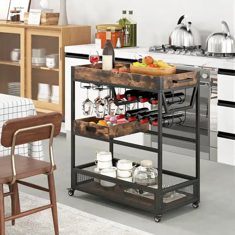 3-stufiger rollbarer Barwagen mit Weinregal, Glashalter und herausnehmbarem Tablett – Rustikales Braun