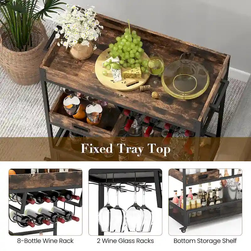 3-stufiger rollbarer Barwagen mit Weinregal, Glashalter und herausnehmbarem Tablett – Rustikales Braun