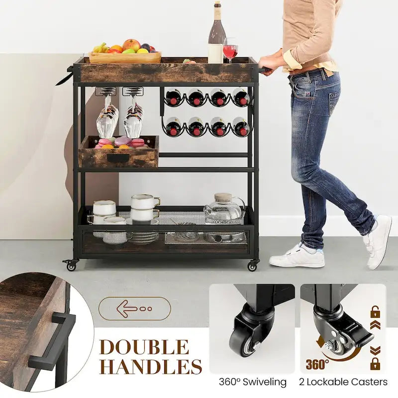 3-stufiger rollbarer Barwagen mit Weinregal, Glashalter und herausnehmbarem Tablett – Rustikales Braun