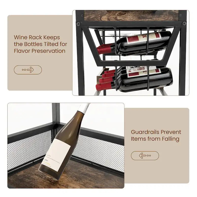 3-stufiger rollbarer Barwagen mit Weinregal, Glashalter und herausnehmbarem Tablett – Rustikales Braun