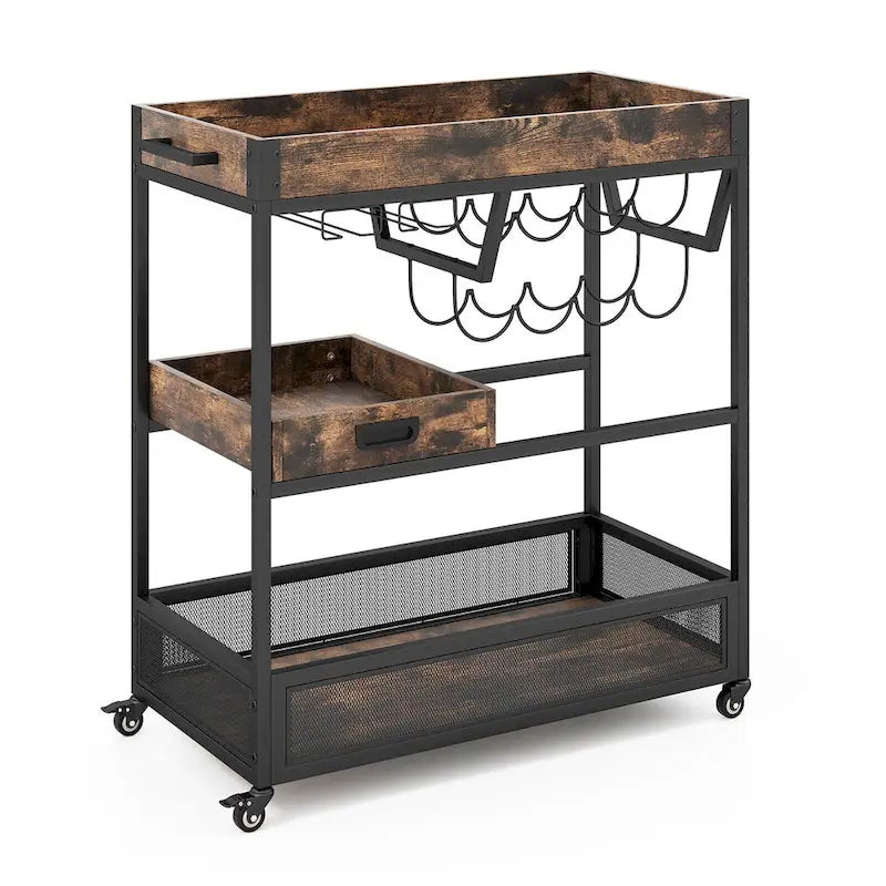 3-stufiger rollbarer Barwagen mit Weinregal, Glashalter und herausnehmbarem Tablett – Rustikales Braun