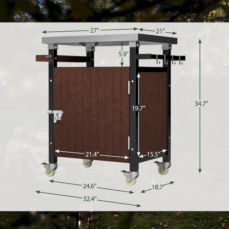 Carrello per barbecue da esterno con piano in acciaio inox e spazio contenitore
