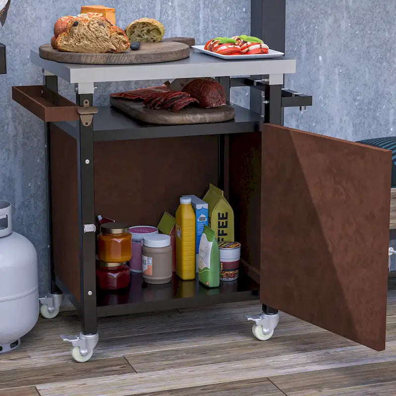 Carrello per barbecue da esterno con piano in acciaio inox e spazio contenitore