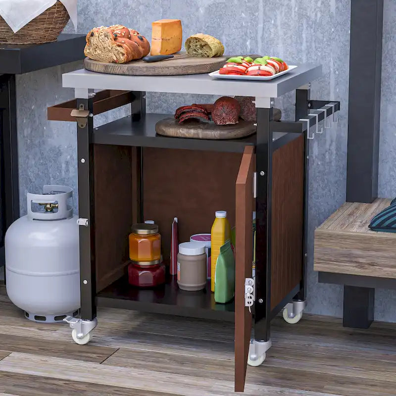 Carrello per barbecue da esterno con piano in acciaio inox e spazio contenitore