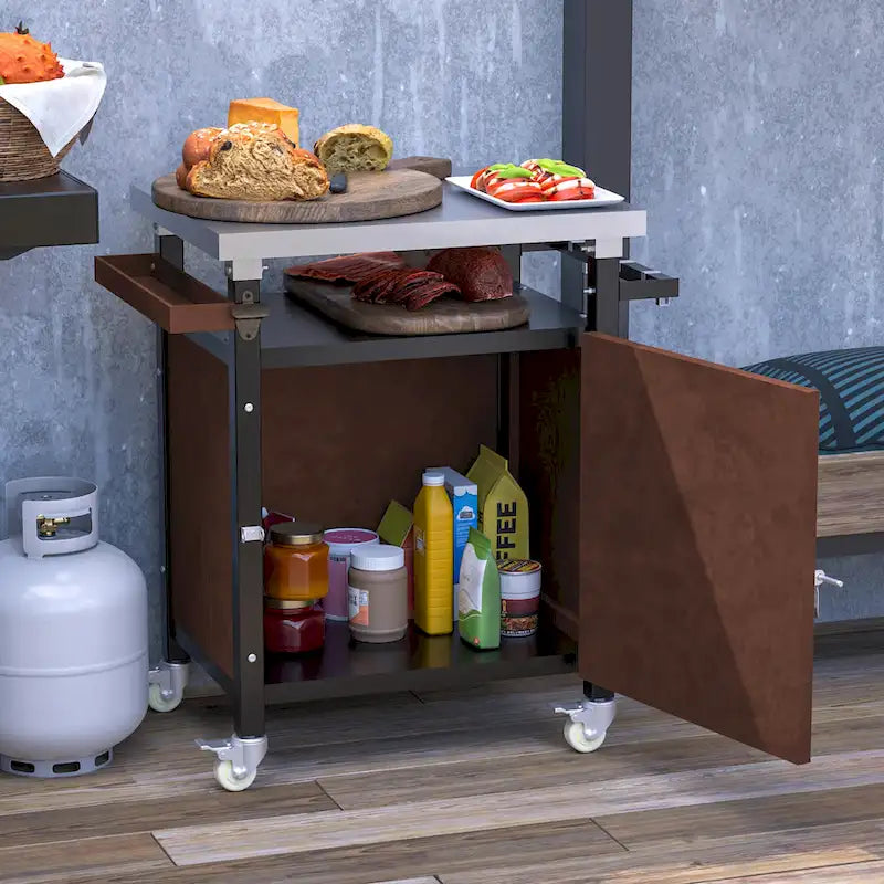Carrello per barbecue da esterno con piano in acciaio inox e spazio contenitore