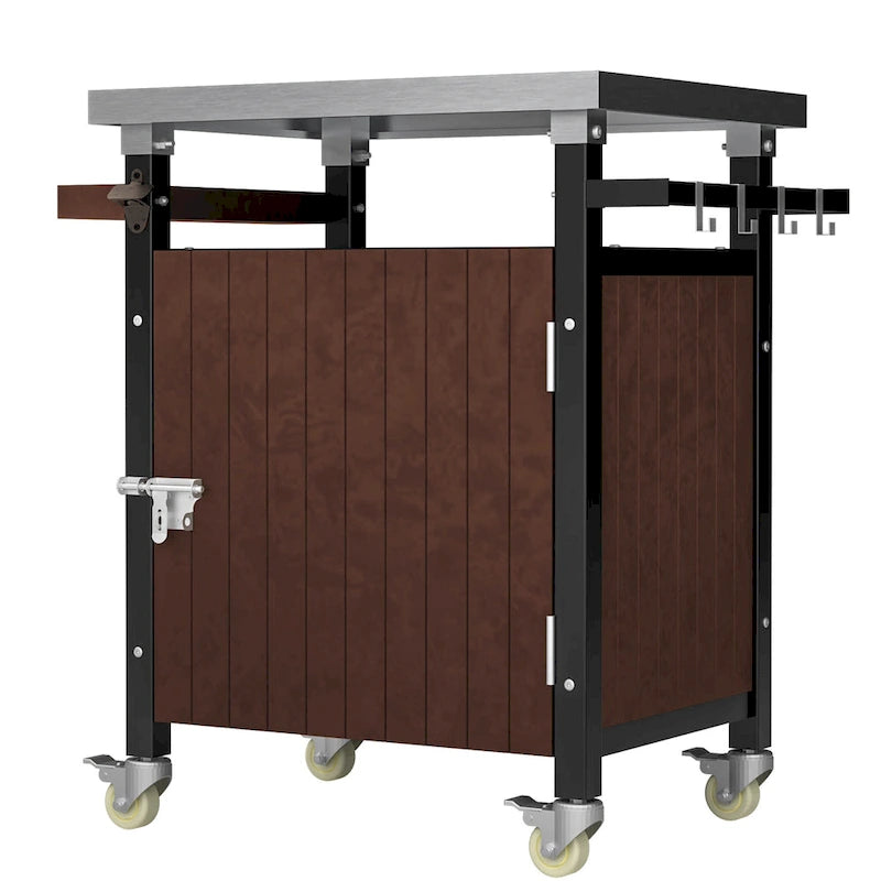 Carrello per barbecue da esterno con piano in acciaio inox e spazio contenitore
