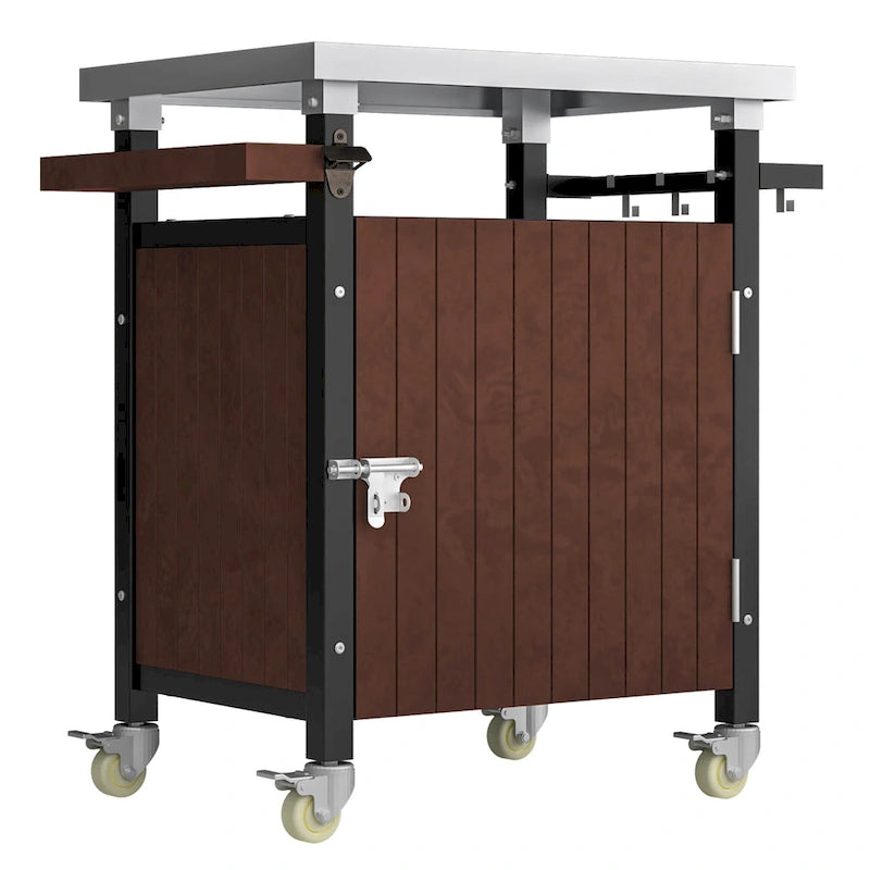 Carrello per barbecue da esterno con piano in acciaio inox e spazio contenitore