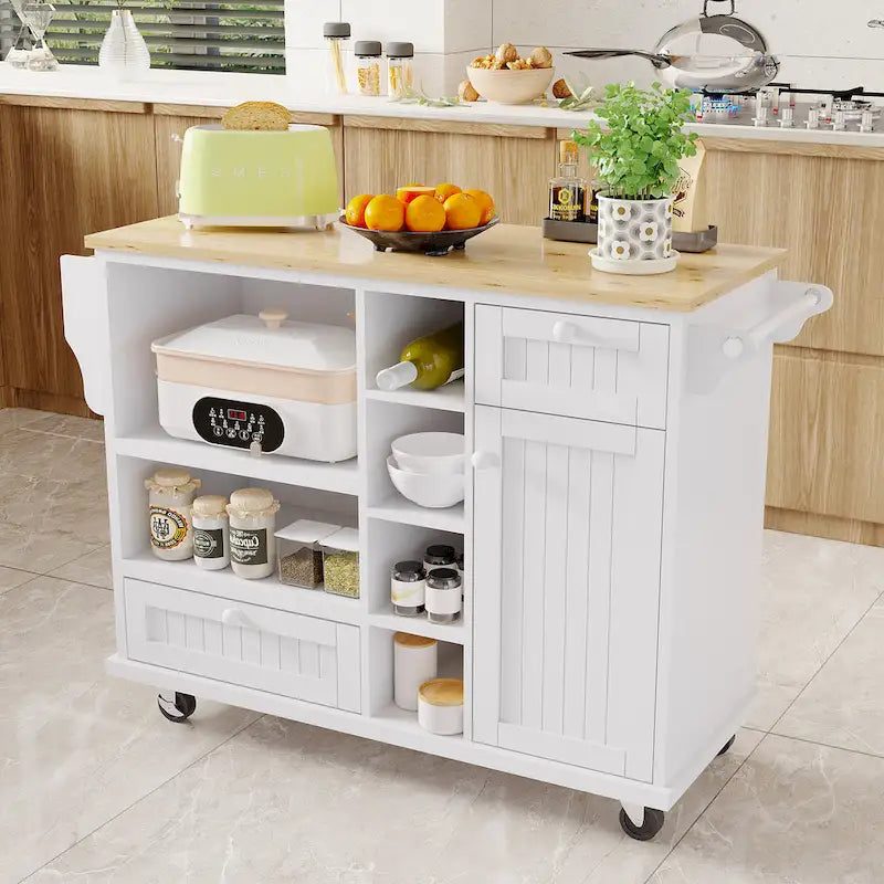 Rollbarer Küchenwagen mit Mikrowellenschrank, Schubladen und Gewürzregal
