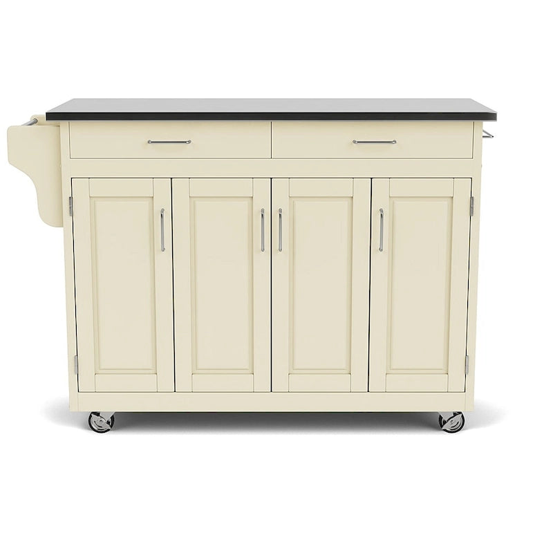 Carrito isla de cocina blanco con superficie de acero inoxidable, puertas de armario y especiero