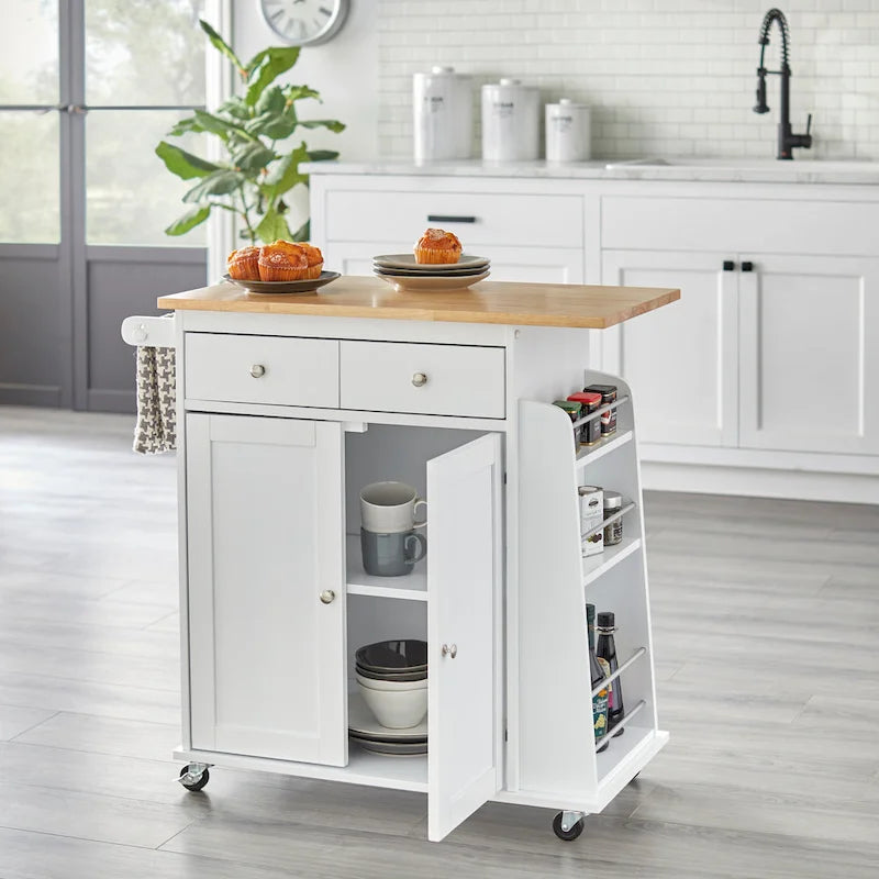 White Kitchen Cart with Rubberwood Top, Storage Cabinet, Utility Drawer & Spice Rack