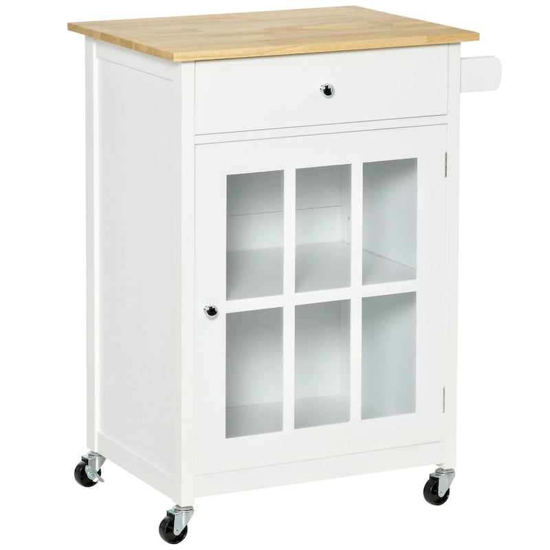 Rollbare Kücheninsel mit Glastürschrank, Schublade und Handtuchhalter