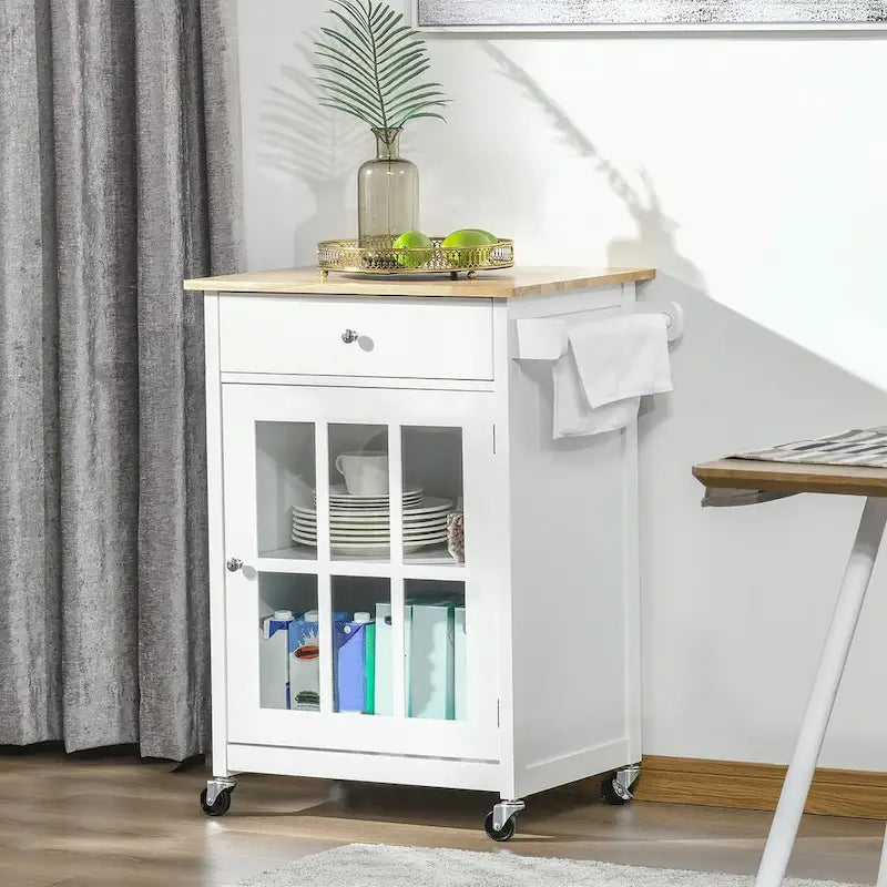 Rollbare Kücheninsel mit Glastürschrank, Schublade und Handtuchhalter