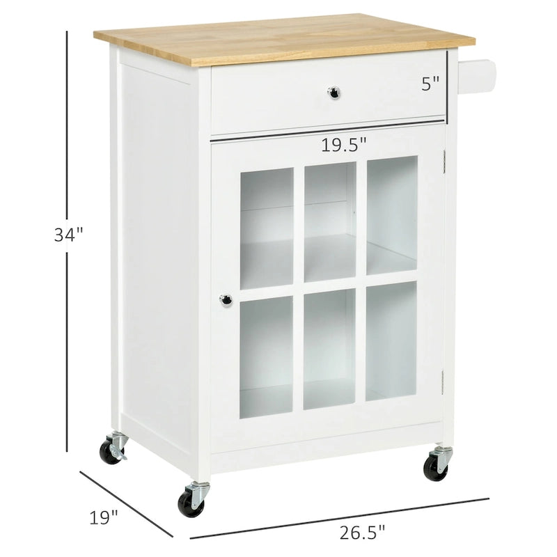 Rollbare Kücheninsel mit Glastürschrank, Schublade und Handtuchhalter