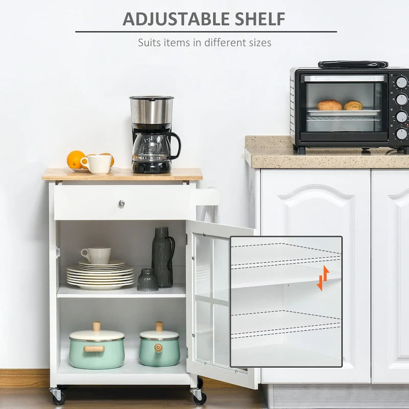 Rollbare Kücheninsel mit Glastürschrank, Schublade und Handtuchhalter