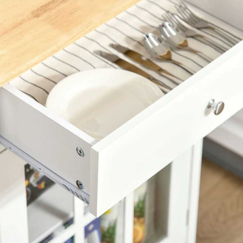 Rollbare Kücheninsel mit Glastürschrank, Schublade und Handtuchhalter