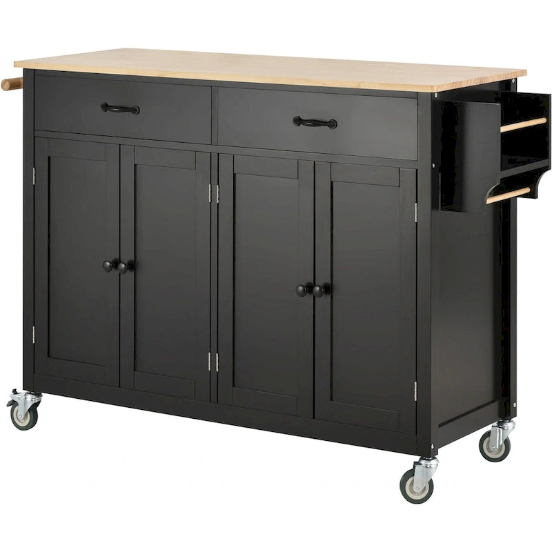 Kücheninselwagen mit Massivholzplatte, Schrank und Schubladen