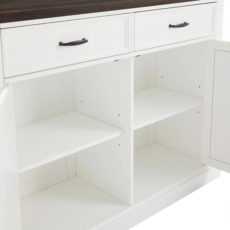 Kücheninsel im Landhausstil mit Oberseite in Holzoptik, Schranktüren mit X-Kreuz, 2 Schubladen und überstehender Arbeitsplatte – Antikweiß