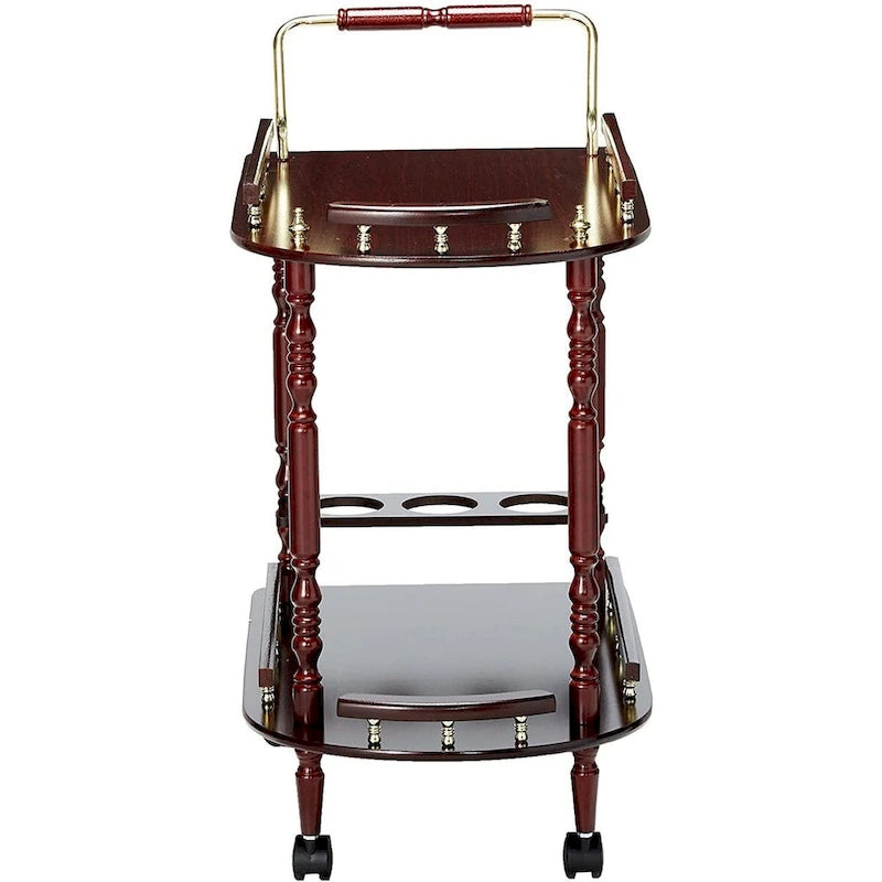 2-stufiger rollbarer Servierwagen mit Weinregal und Laufrollen – Kirschbraun