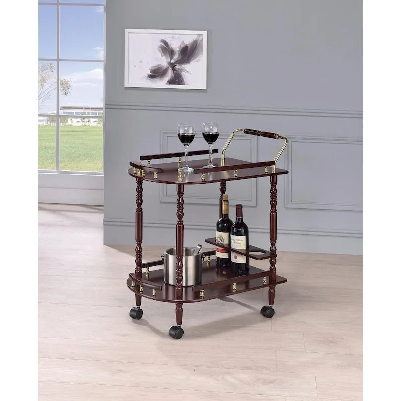 2-stufiger rollbarer Servierwagen mit Weinregal und Laufrollen – Kirschbraun