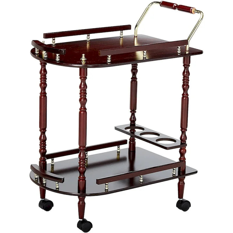 2-stufiger rollbarer Servierwagen mit Weinregal und Laufrollen – Kirschbraun