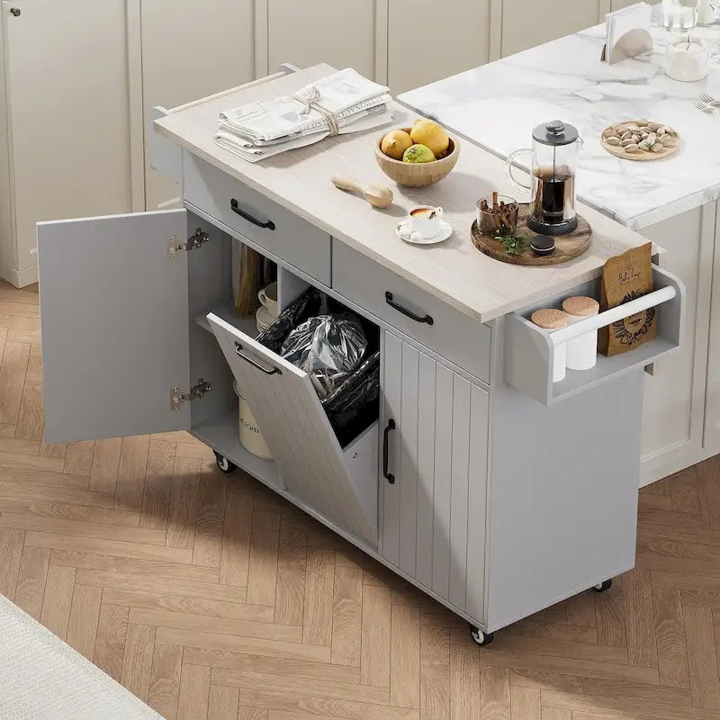 Kitchen Island with Tilt-Out Trash Cabinet, Drop Leaf & Adjustable Shelves