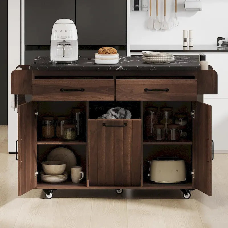 Kitchen Island with Tilt-Out Trash Cabinet, Drop Leaf & Adjustable Shelves