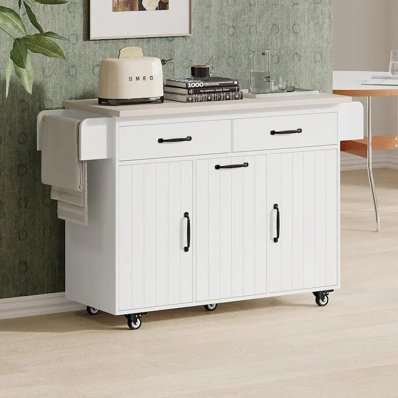 Kitchen Island with Tilt-Out Trash Cabinet, Drop Leaf & Adjustable Shelves