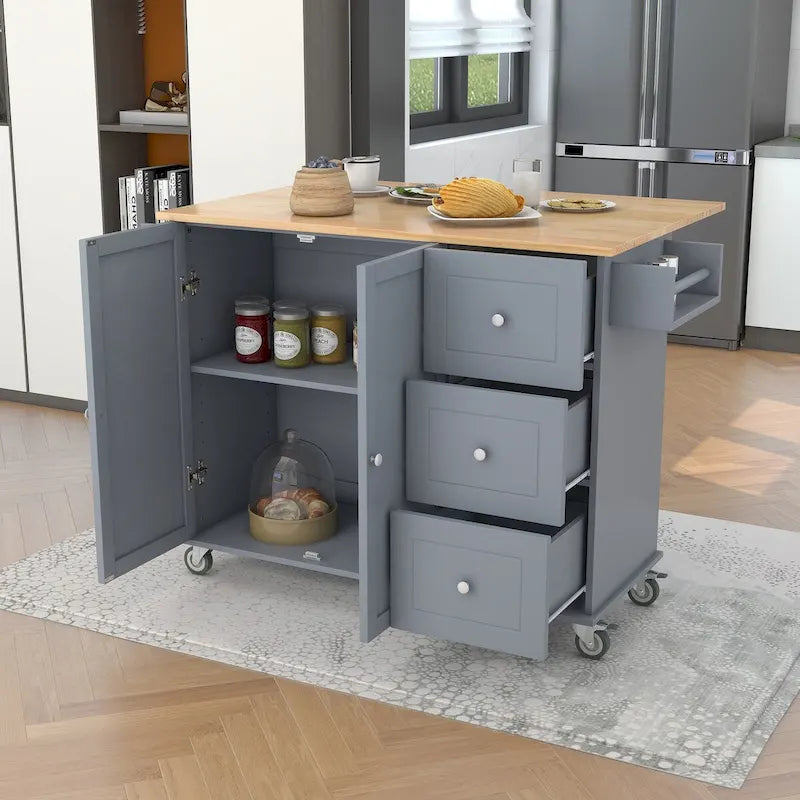 Rollbarer Küchenwagen mit klappbarer Frühstückstheke, 3 Schubladen und Stauraumschrank