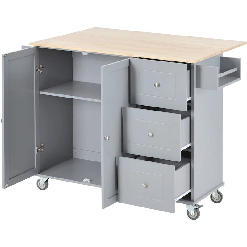 Rollbarer Küchenwagen mit klappbarer Frühstückstheke, 3 Schubladen und Stauraumschrank