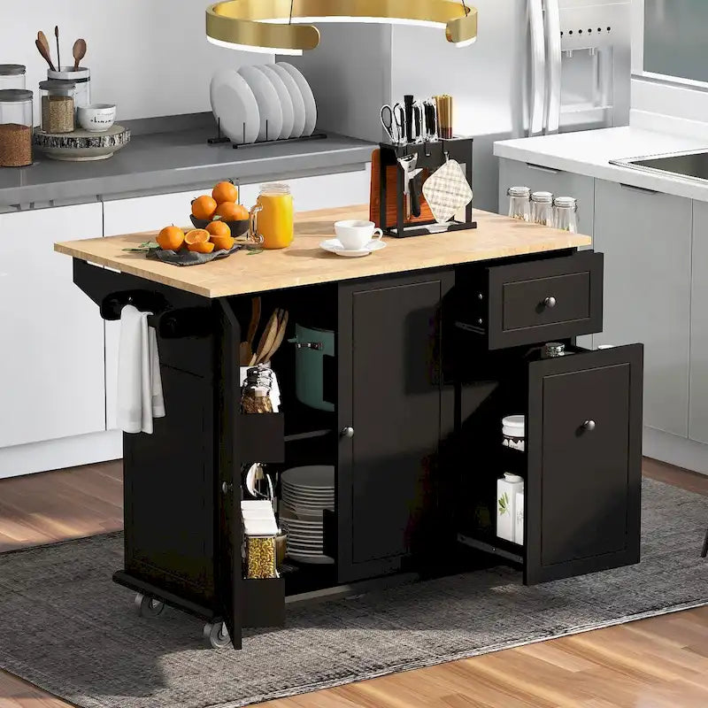 Large Kitchen Island with Drop-Leaf Wood Top, 3-Tier Pull-Out Organizer, Interior Racks & 5 Wheels