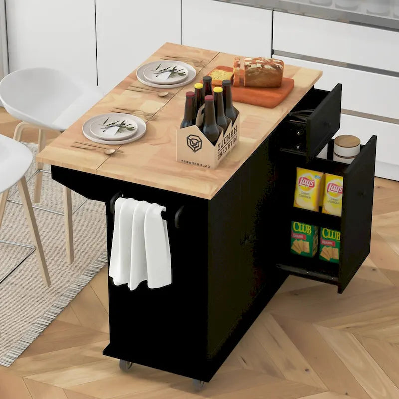 Große Kücheninsel mit klappbarer Holzplatte, 3-stufigem Auszugsorganizer, Innenregalen und 5 Rollen