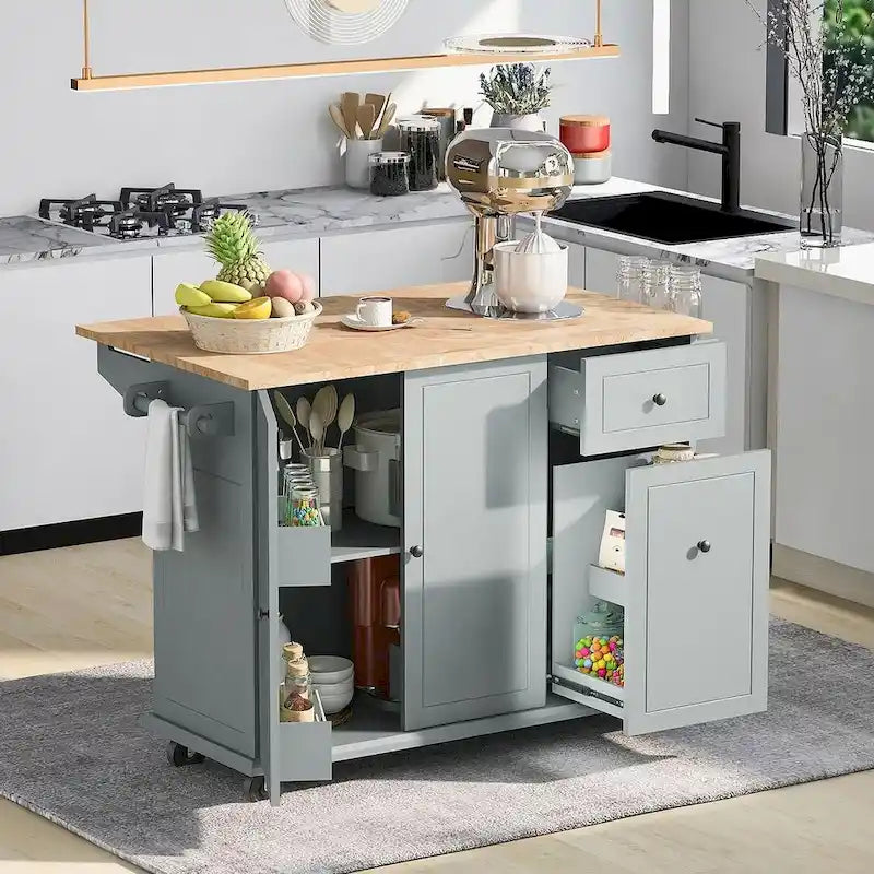 Große rollbare Kücheninsel mit klappbarer Platte, Auszugsorganizer, 2 Schubladen und Schrank