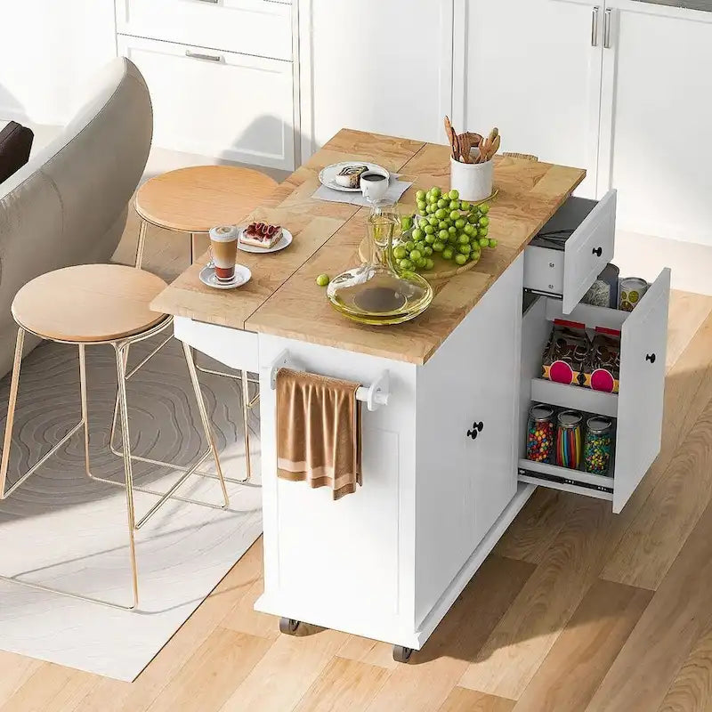 Große rollbare Kücheninsel mit klappbarer Platte, Auszugsorganizer, 2 Schubladen und Schrank