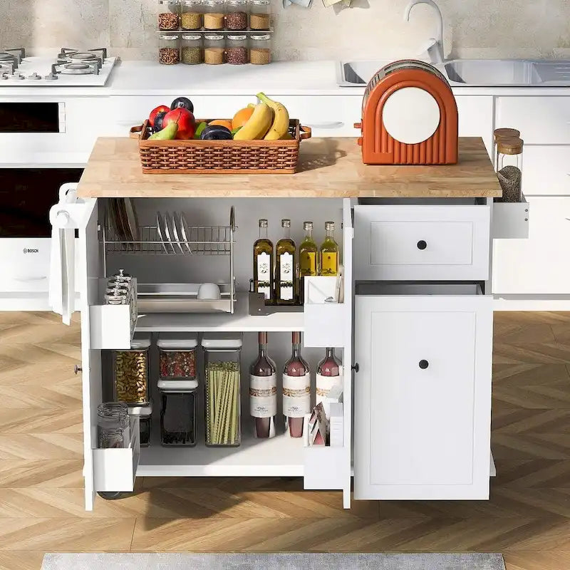Große rollbare Kücheninsel mit klappbarer Platte, Auszugsorganizer, 2 Schubladen und Schrank