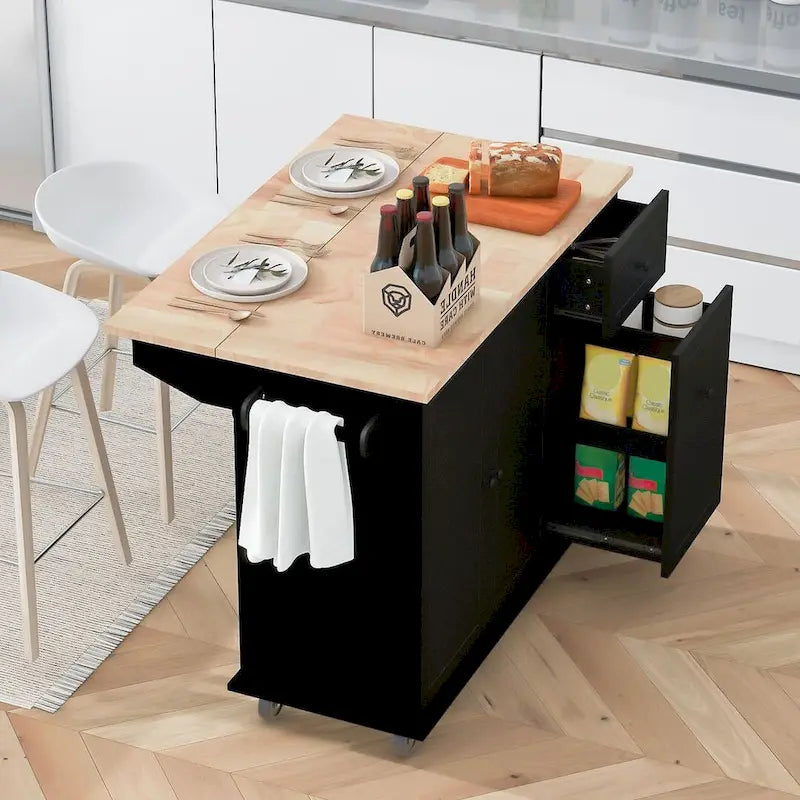 Große rollbare Kücheninsel mit klappbarer Platte, Auszugsorganizer, 2 Schubladen und Schrank