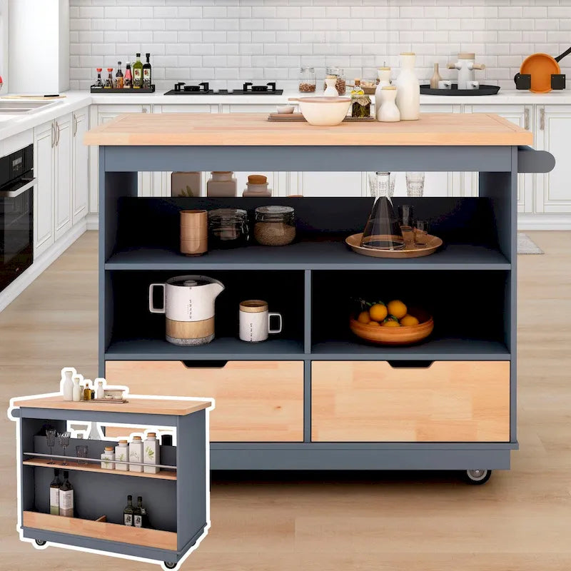 Rollbare Kücheninsel mit Gummibaumholzplatte, 2 großen Schubladen und 3 offenen Fächern