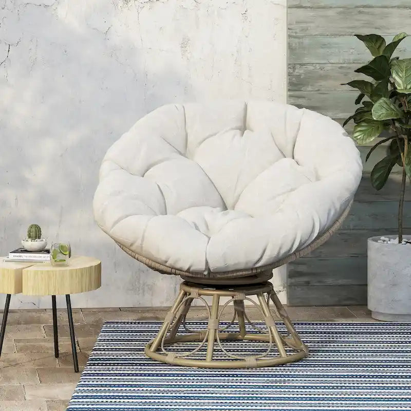 Drehbarer Papasan-Sessel aus Rattan mit getuftetem Kissen