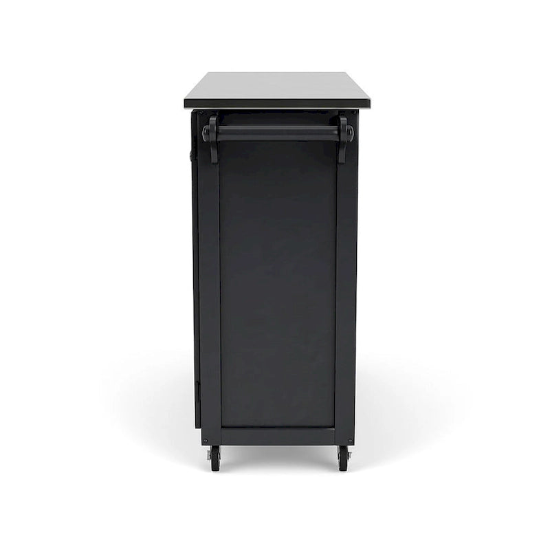Carrello da cucina nero con piano in acciaio inox, 4 cassetti, vano contenitore e portabarattoli per spezie