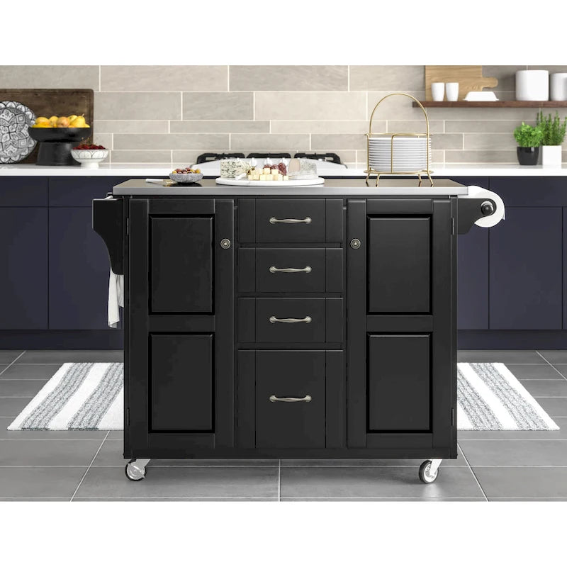 Black Kitchen Cart with Stainless Steel Top, 4 Drawers, Cabinet Storage & Spice Rack