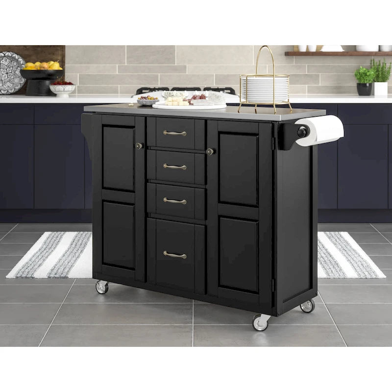 Carrello da cucina nero con piano in acciaio inox, 4 cassetti, vano contenitore e portabarattoli per spezie