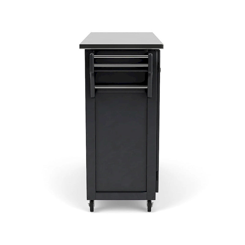 Carrello da cucina nero con piano in acciaio inox, 4 cassetti, vano contenitore e portabarattoli per spezie